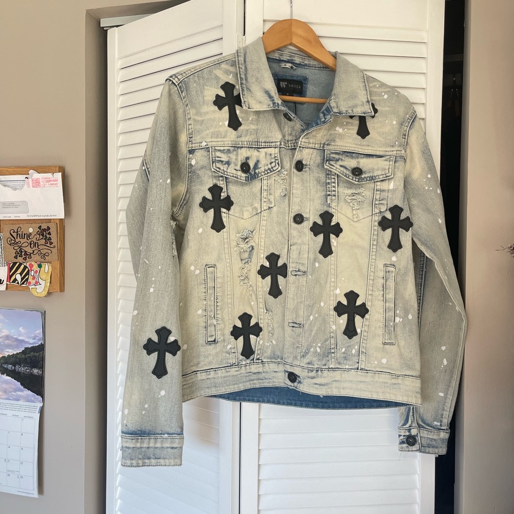 Denim Jacket with Black Cross Patches